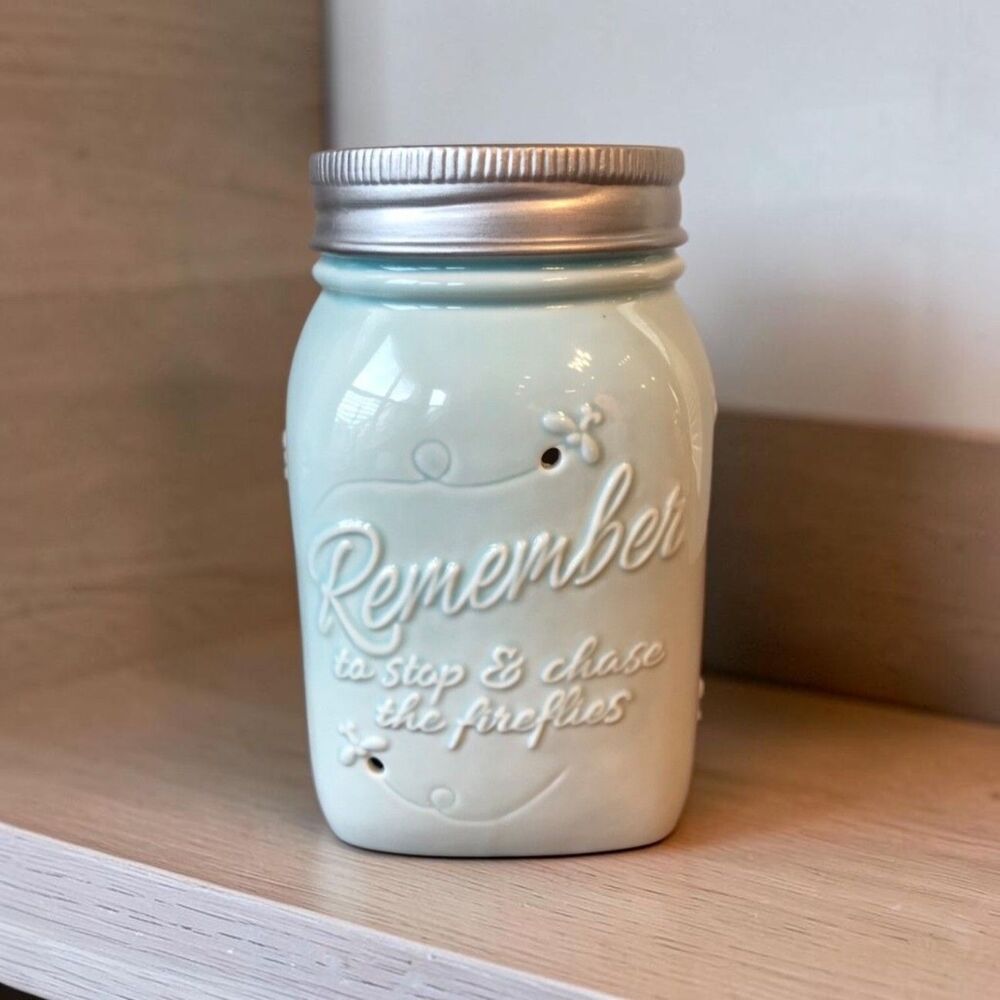 Scentsy Remember to Stop & Chase Fireflies Full Size Warmer Mason Jar Light Blue